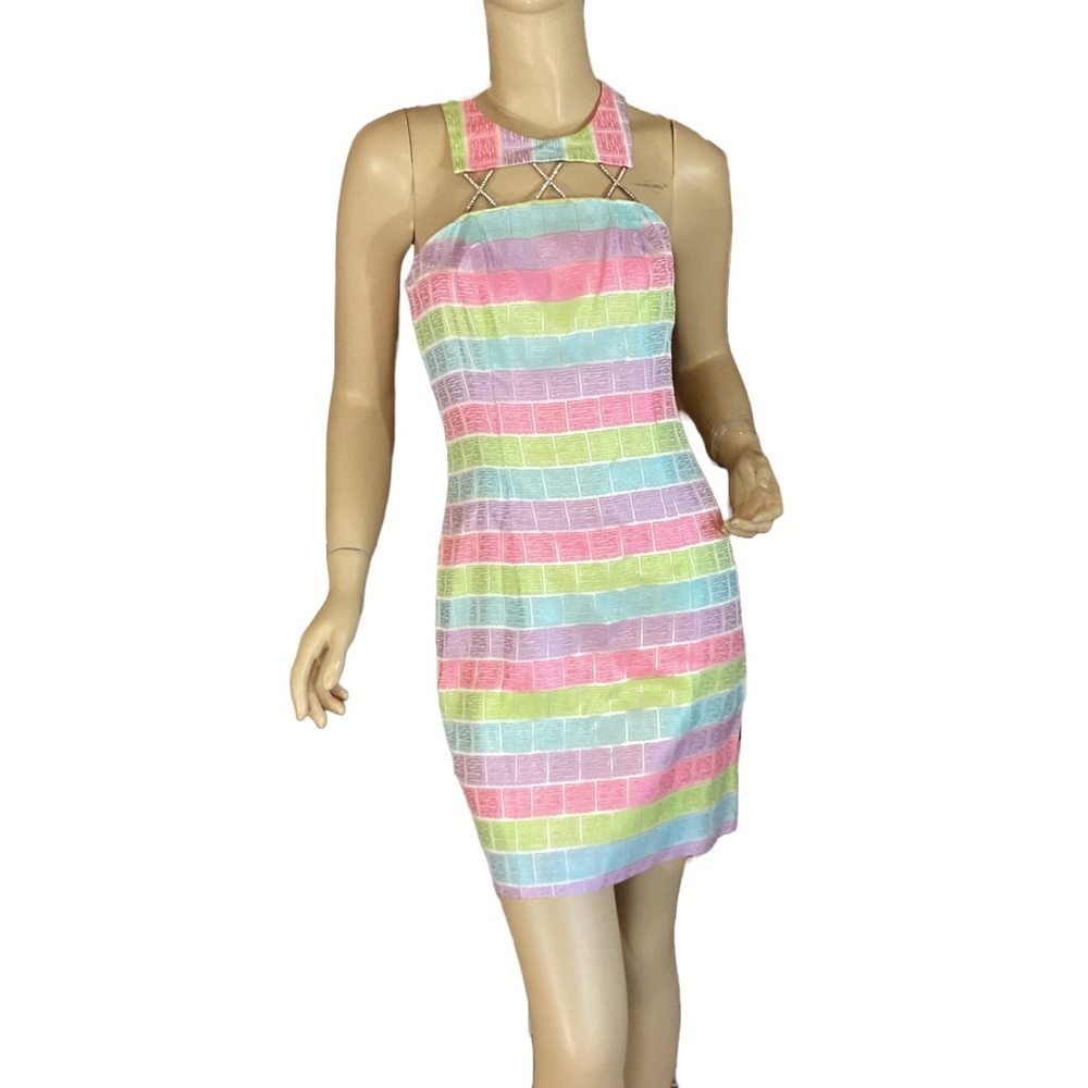 VINTAGE 1990'S CACHE MULTI-COLOR PASTEL W/RHINESTONE CUT OUTS SHEATH DRESS (2) - Picture 2 of 12